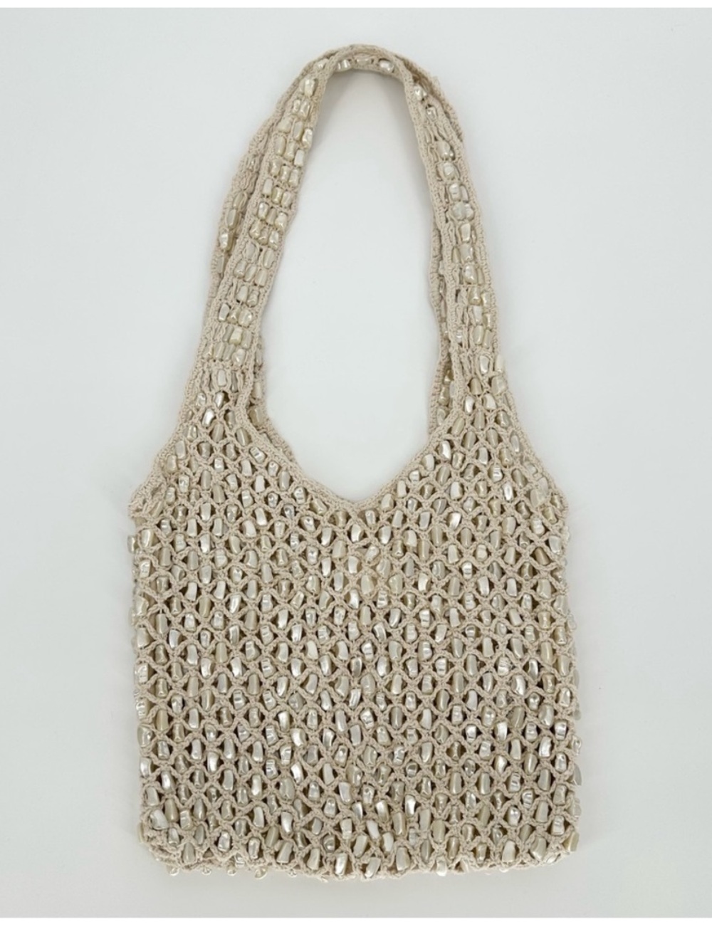 ZARA Pearl Beaded MacrameKnit woven crochet Tote Bag Hobo -Ivory cream
